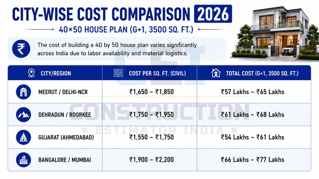 City-wise comparison of 40×50 G+1 house construction costs across Delhi-NCR, Dehradun, Gujarat, Bangalore, and Mumbai with cost per square foot.