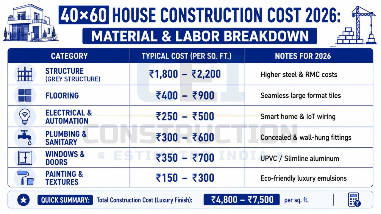Material and labor cost breakdown for a 40×60 luxury house including structure, flooring, plumbing, electrical work, doors, windows, and painting.