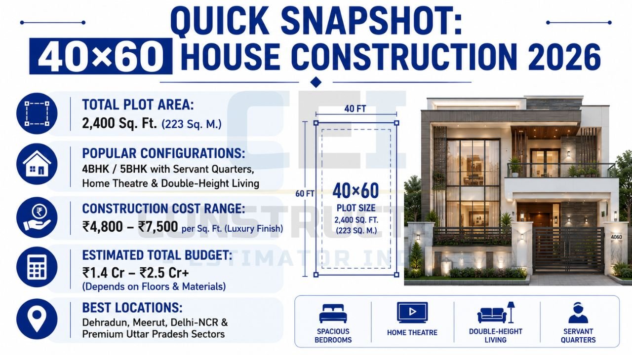 Quick overview of a 40×60 plot including construction cost range, budget estimate, popular configurations, and ideal locations.