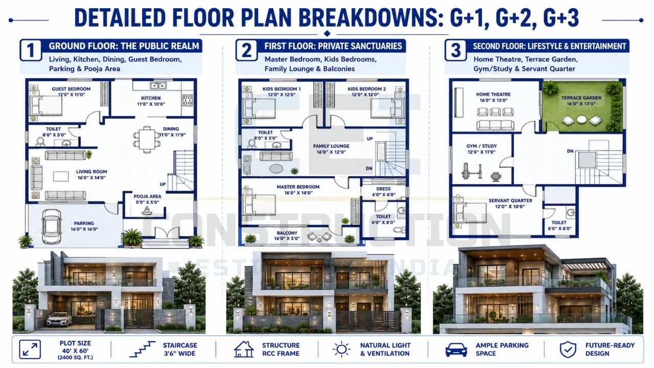 Detailed floor plan layouts showing ground floor, first floor, and second floor configurations for a 40×60 house design.