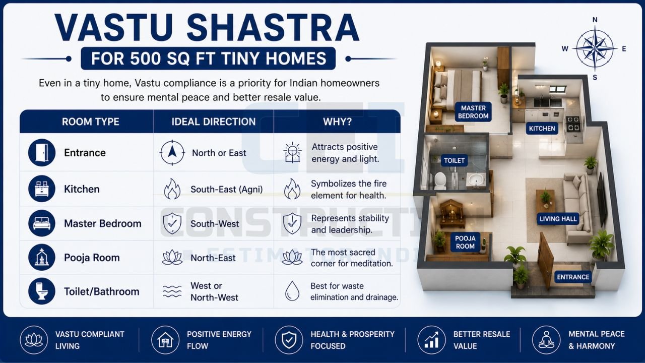 500 sq ft house Vastu plan showing ideal directions for entrance, kitchen, master bedroom, pooja room, and bathroom with floor plan layout.