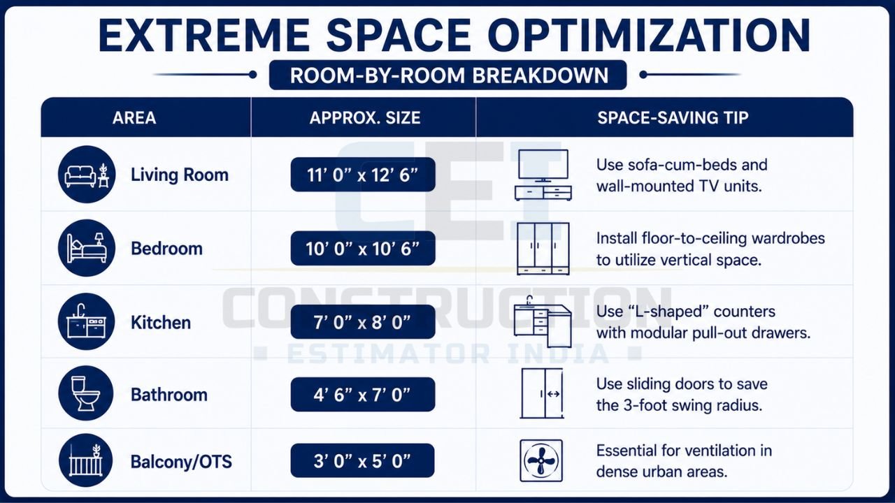 Room-wise layout for a 500 sq ft house showing living room, bedroom, kitchen, bathroom, balcony dimensions, and smart space-saving tips.