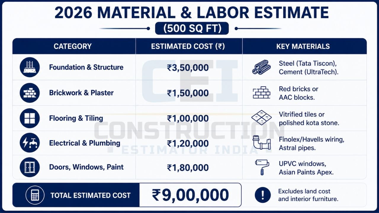 500 sq ft house construction cost infographic showing material and labor estimate including foundation, brickwork, flooring, electrical, plumbing, doors, windows, and total construction cost in India 2026.