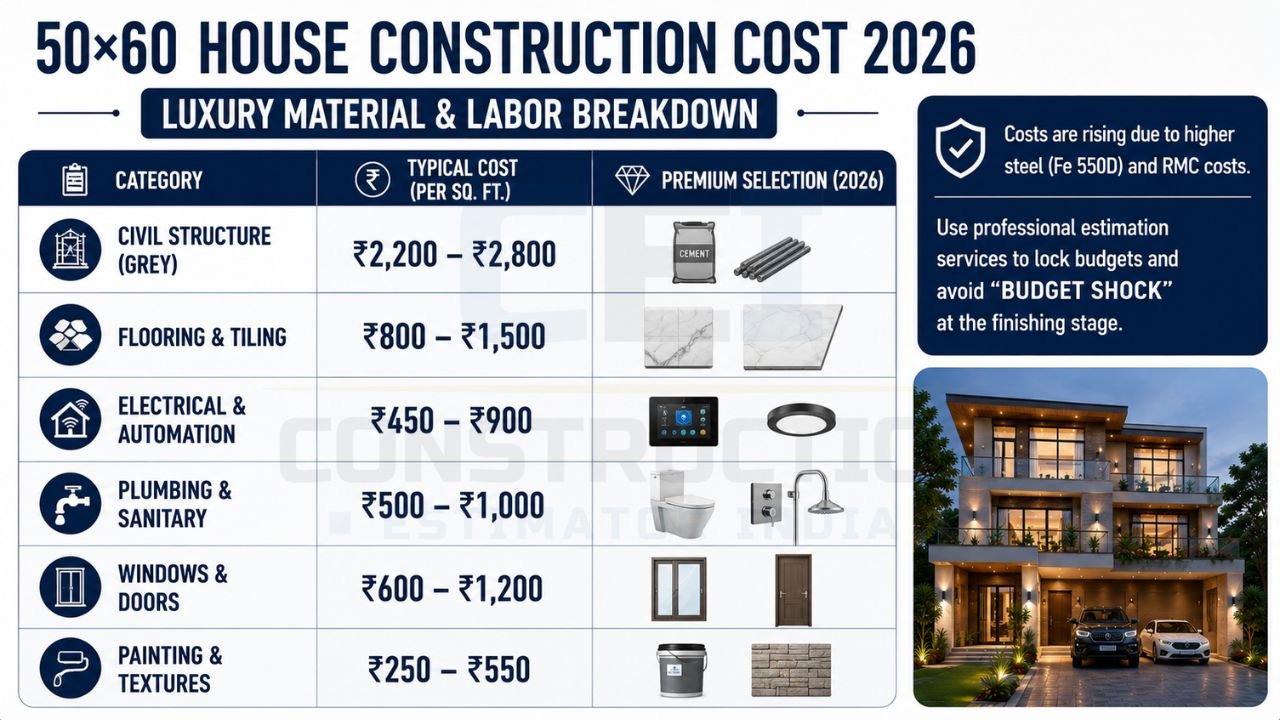 Luxury construction cost breakdown for a 50×60 house including civil work, flooring, electrical, plumbing, windows, doors, and painting.