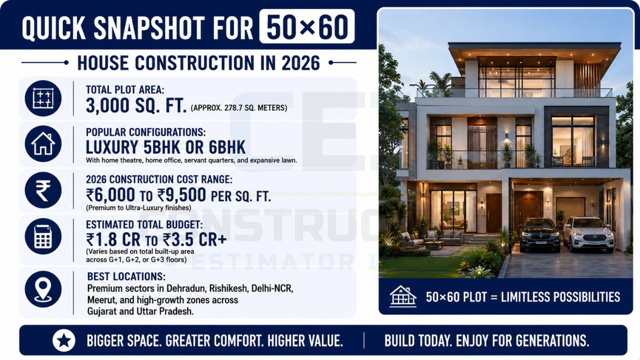 This infographic provides a quick overview of building a 50×60 house in 2026. It highlights the total plot area, popular 5BHK and 6BHK luxury configurations, estimated construction cost per square foot, overall project budget, and preferred locations for premium residential developments. It serves as a handy reference for homeowners planning a spacious, modern luxury home.