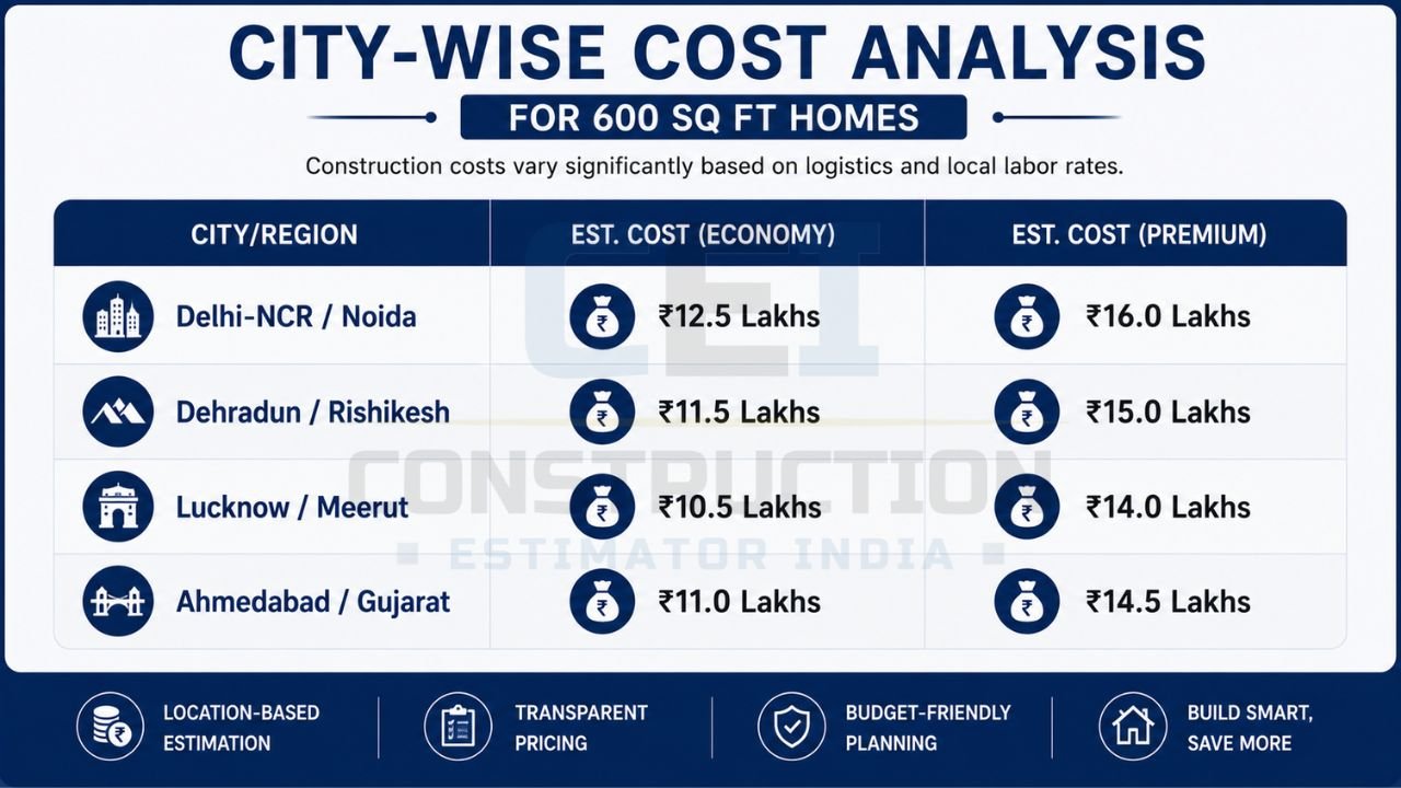 City-wise comparison of 600 sq ft house construction cost across Delhi NCR, Dehradun, Rishikesh, Lucknow, Meerut, and Ahmedabad with economy and premium pricing.