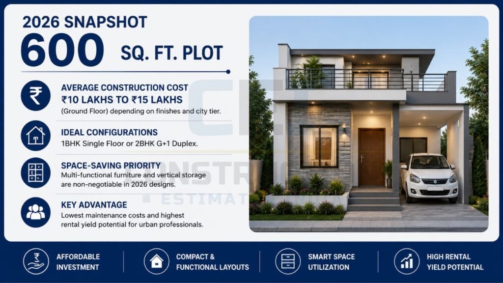 600 sq ft house construction cost infographic showing average building cost, ideal house configuration, space-saving design, and modern house elevation for India 2026.