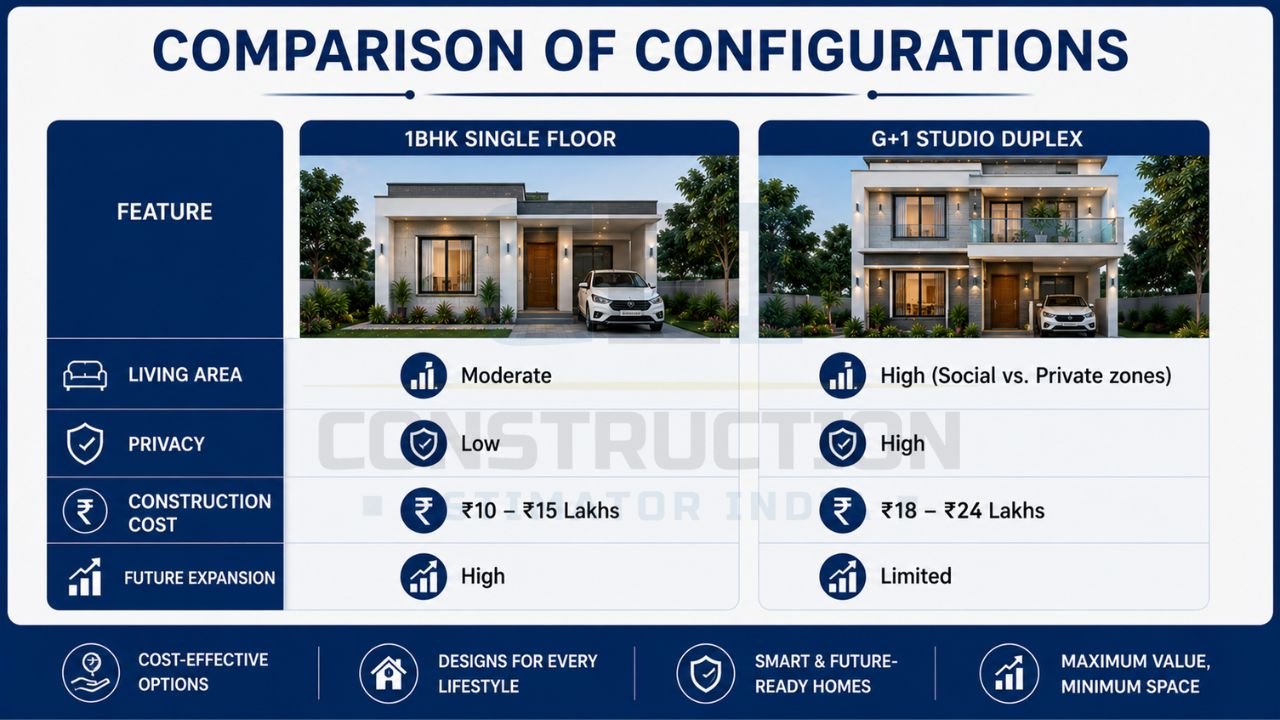 Comparison infographic of 1BHK single-floor and G+1 studio duplex house plans for a 600 sq ft plot including construction cost, privacy, living area, and future expansion.