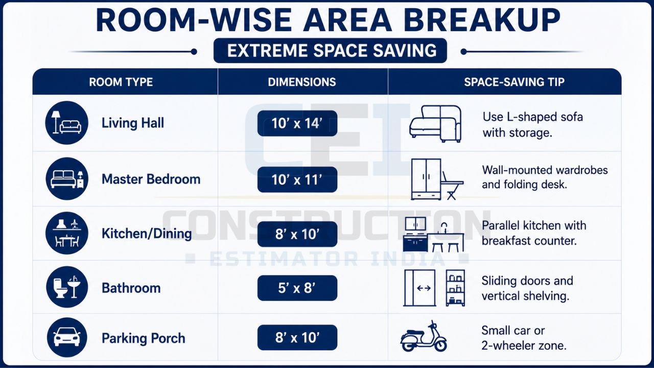 Room-wise layout of a 600 sq ft house showing living room, bedroom, kitchen, bathroom, parking dimensions, and smart space-saving ideas.