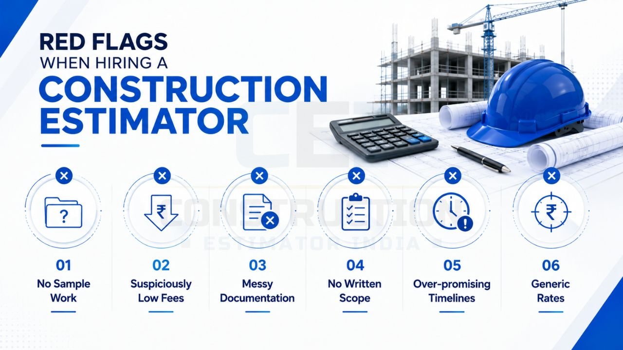 Red flags when hiring a construction estimator including no sample work, suspiciously low fees, poor documentation, unclear scope, unrealistic timelines, and generic pricing