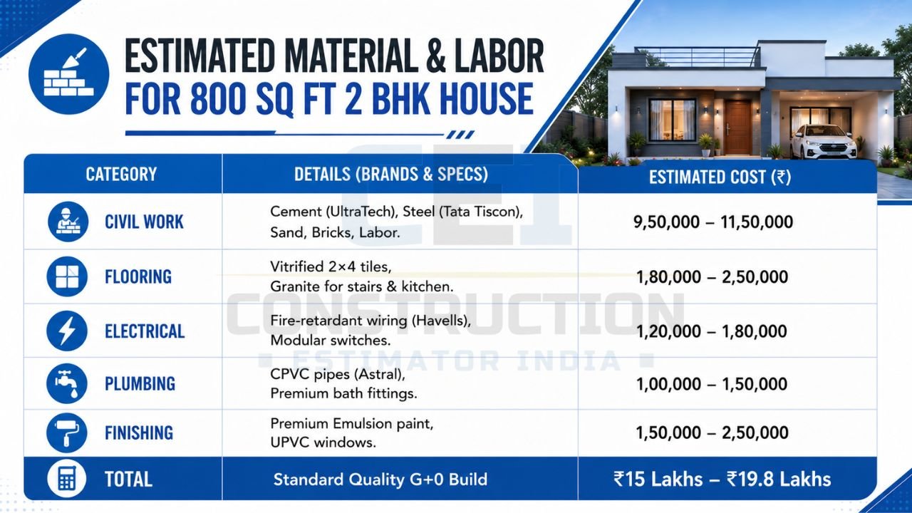 Material and labor cost breakdown for an 800 sq ft 2 BHK house showing civil work, flooring, electrical, plumbing, finishing costs, and total construction estimate.