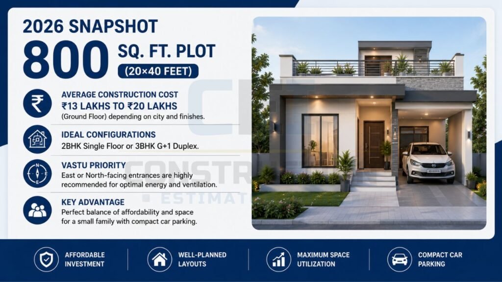 800 sq ft house construction cost infographic showing average construction cost, ideal house configuration, Vastu tips, and modern 20x40 house design in India 2026.