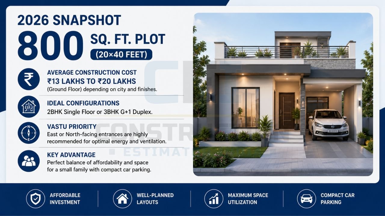 800 sq ft house construction cost infographic showing average construction cost, ideal house configuration, Vastu tips, and modern 20x40 house design in India 2026.