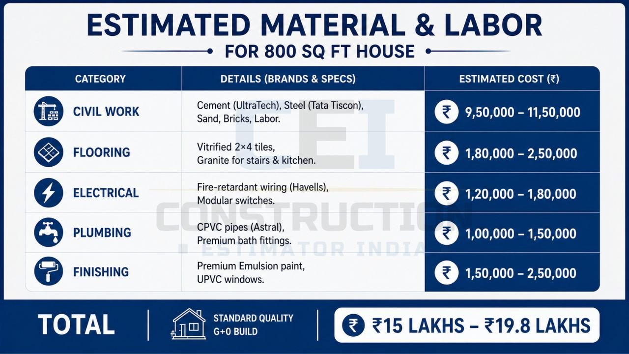 Estimated material and labor cost for an 800 sq ft house including civil work, flooring, electrical, plumbing, finishing, and total construction budget.