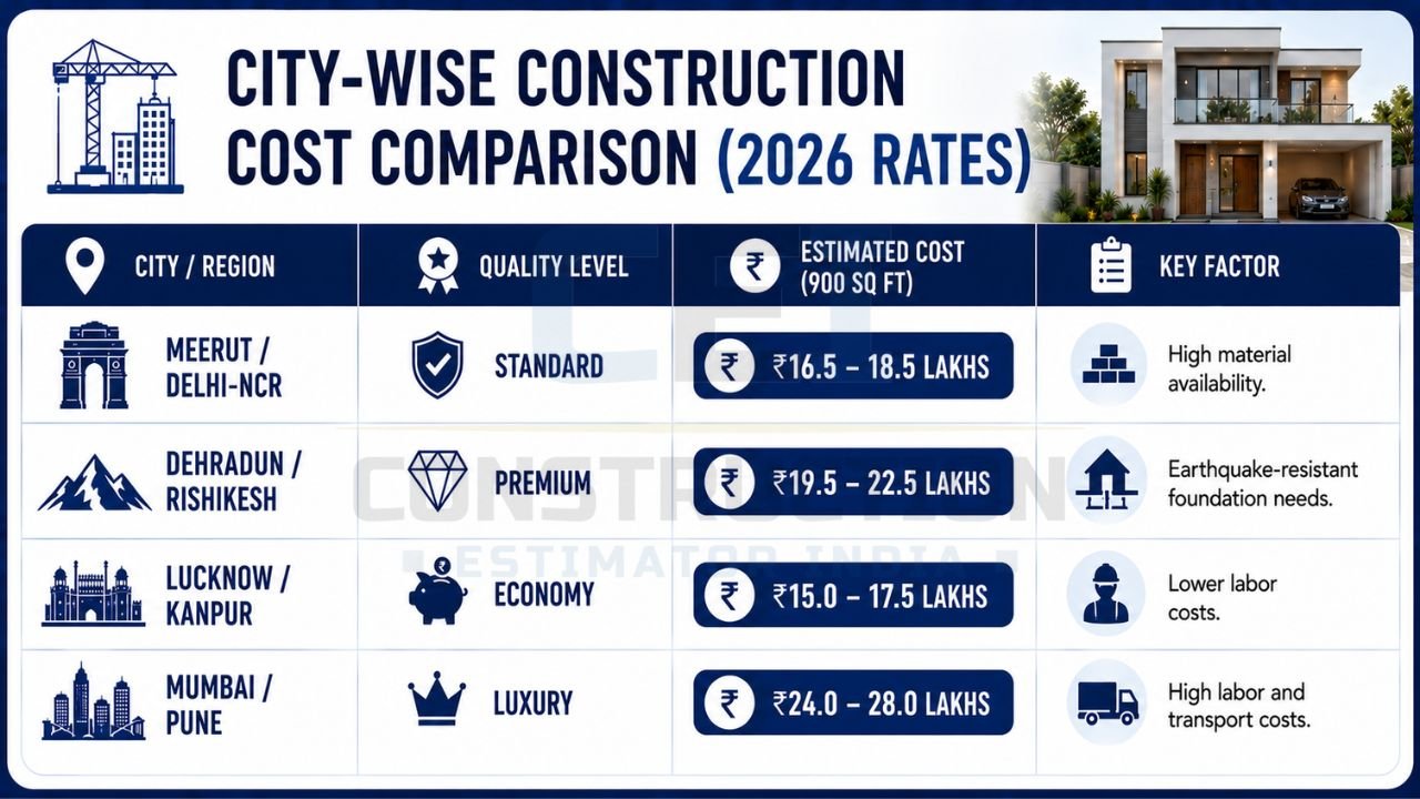City-wise comparison of 900 sq ft house construction costs across Meerut, Delhi-NCR, Dehradun, Rishikesh, Lucknow, Kanpur, Mumbai, and Pune with quality levels and estimated construction costs.