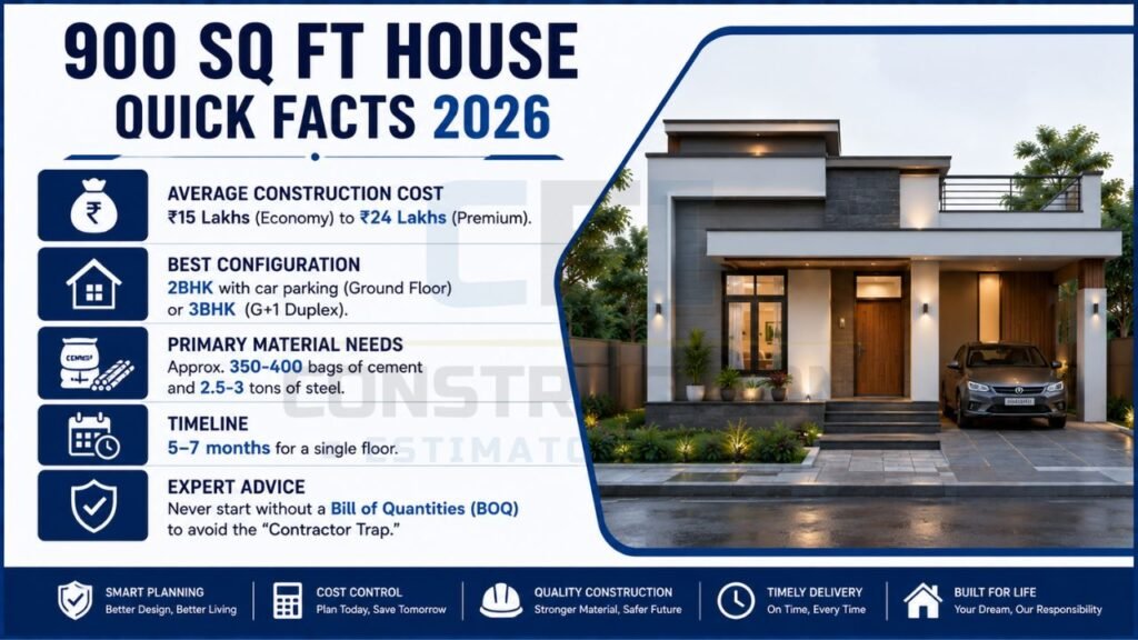 900 sq ft house infographic showing average construction cost, ideal floor plan, material requirements, construction timeline, and expert building recommendations.