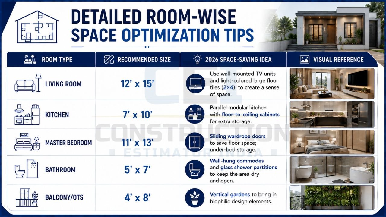 Recommended room dimensions and modern space-saving ideas for a 900 sq ft house, including living room, kitchen, bedroom, bathroom, and balcony design tips.
