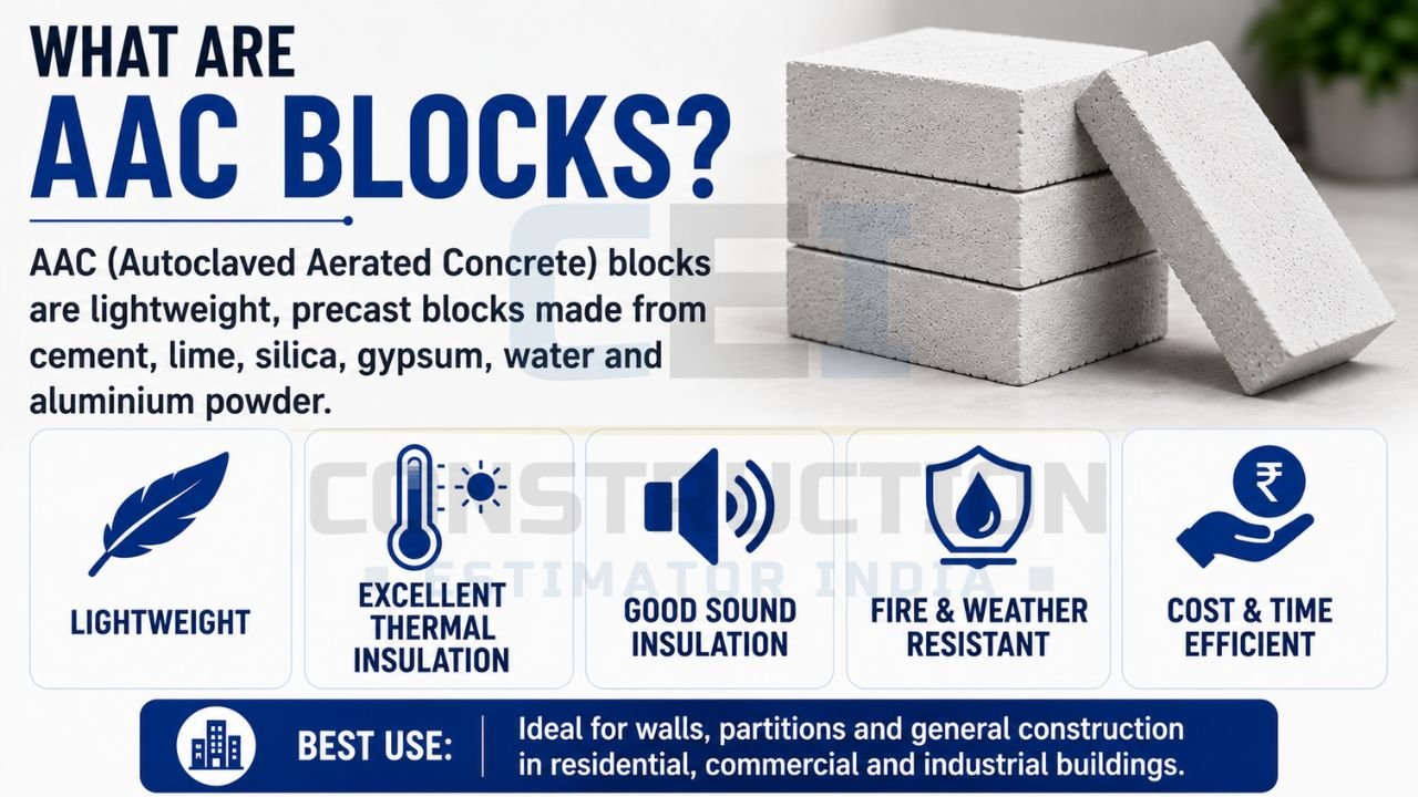Infographic explaining AAC (Autoclaved Aerated Concrete) blocks, their composition, benefits, and construction uses.