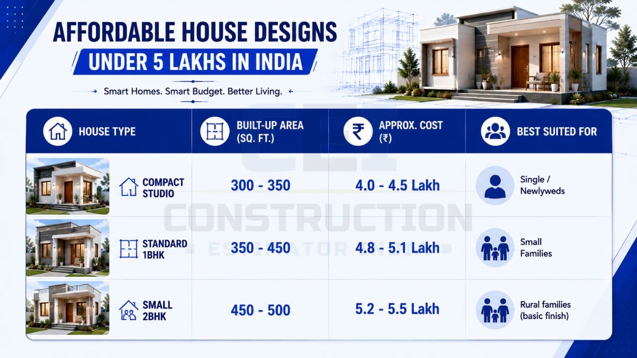 Affordable house designs under 5 lakhs in India showing compact studio, 1BHK, and small 2BHK house options with estimated construction costs