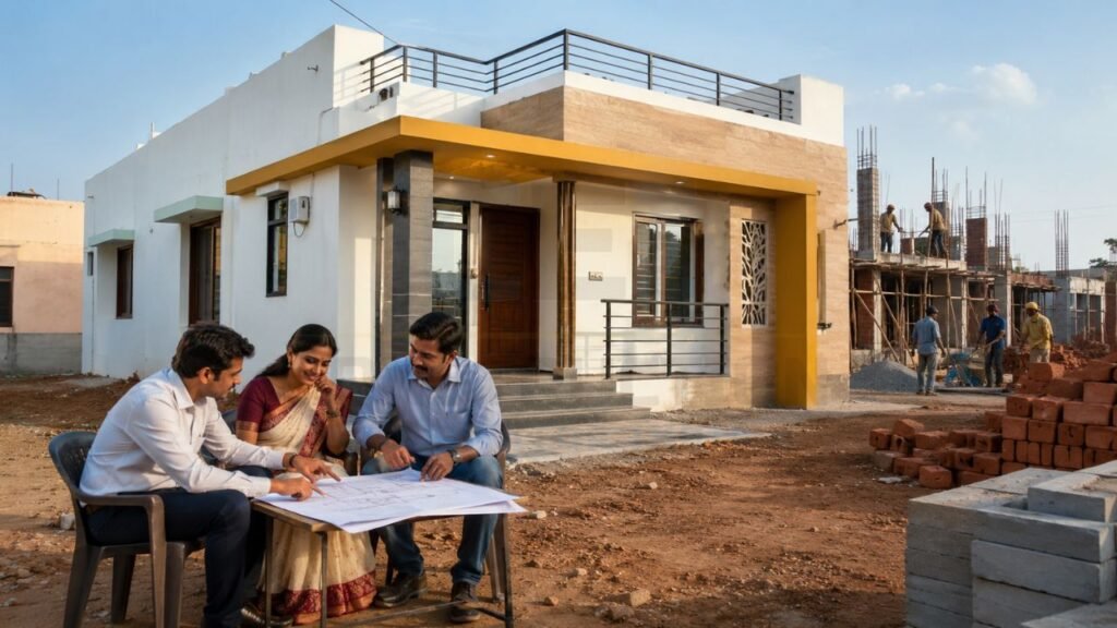 Homeowners reviewing house construction plans with a consultant in front of a newly completed residential home