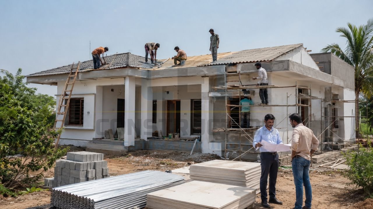 House construction site with roofing work in progress, contractors installing roof sheets, and site engineers reviewing building plans