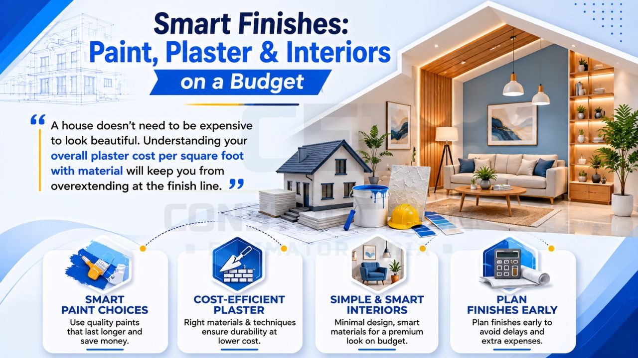 Budget-friendly paint, plaster, and interior finishing ideas for house construction with smart material choices and cost-saving strategies