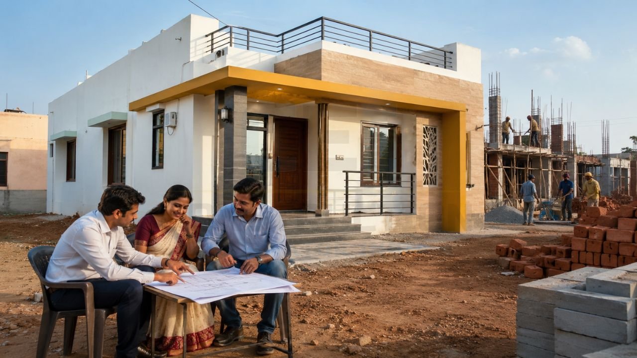 Homeowners reviewing house construction plans with a consultant in front of a newly completed residential home