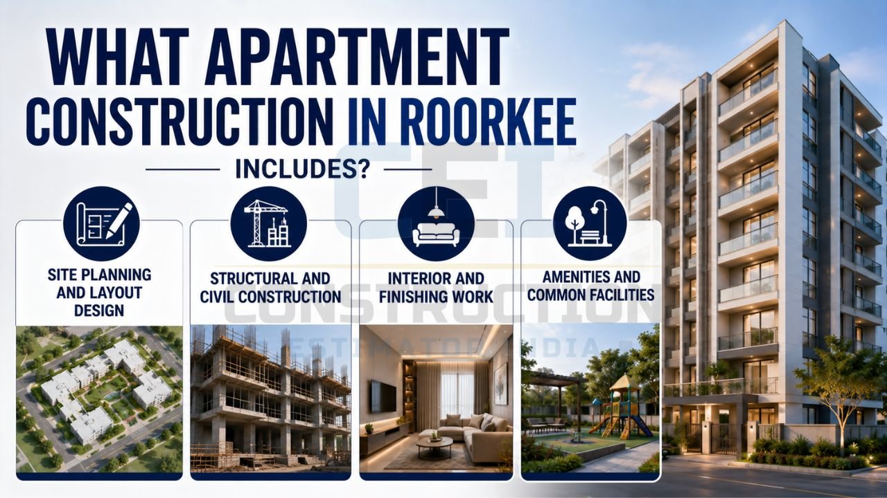Apartment construction process showing site planning, structural work, interior finishing, and community amenities.