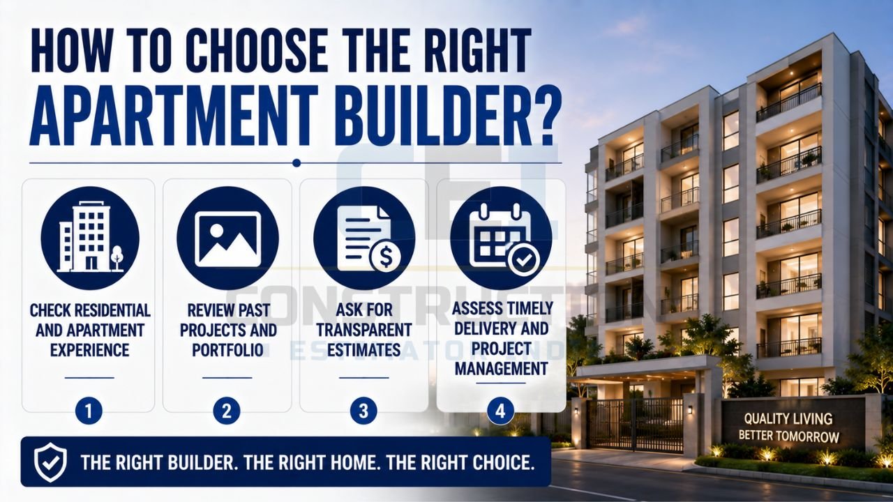 Guide showing key factors for selecting an apartment builder, including experience, portfolio, pricing, and project management.