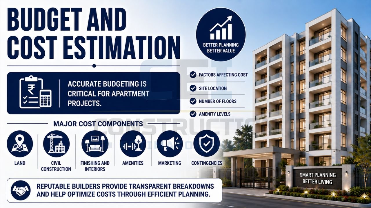 Modern apartment building with construction budgeting infographic showing major cost components and planning factors.