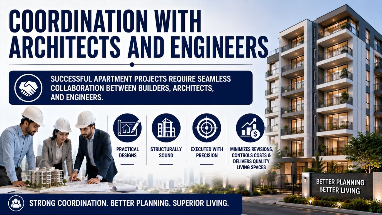 Builders, architects, and engineers collaborating on apartment project plans beside a modern residential building.