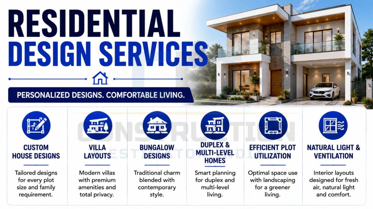 Residential architectural design services featuring custom house plans, villa layouts, bungalow designs, duplex homes, and natural ventilation solutions.