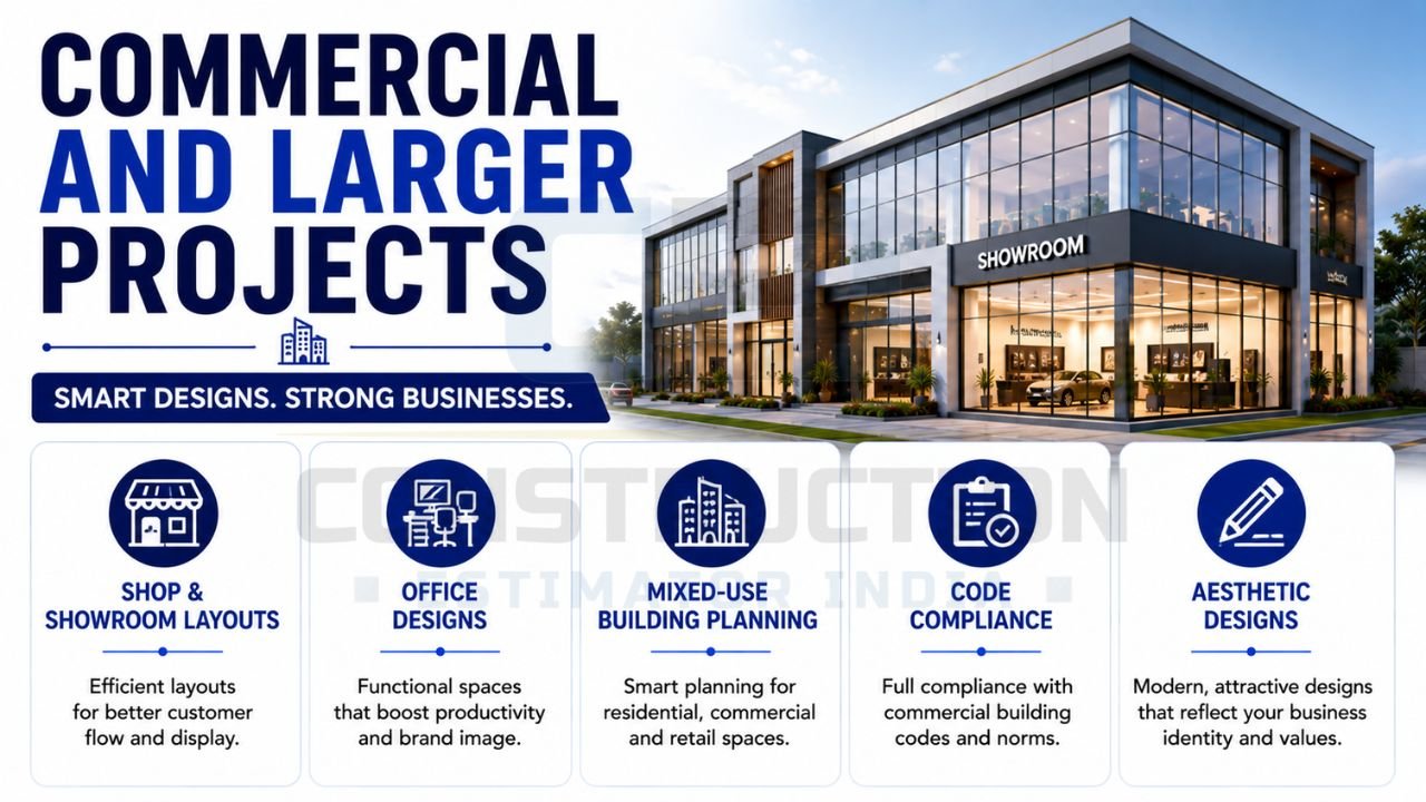 Commercial building design services including showroom layouts, office planning, mixed-use developments, code compliance, and modern business architecture.