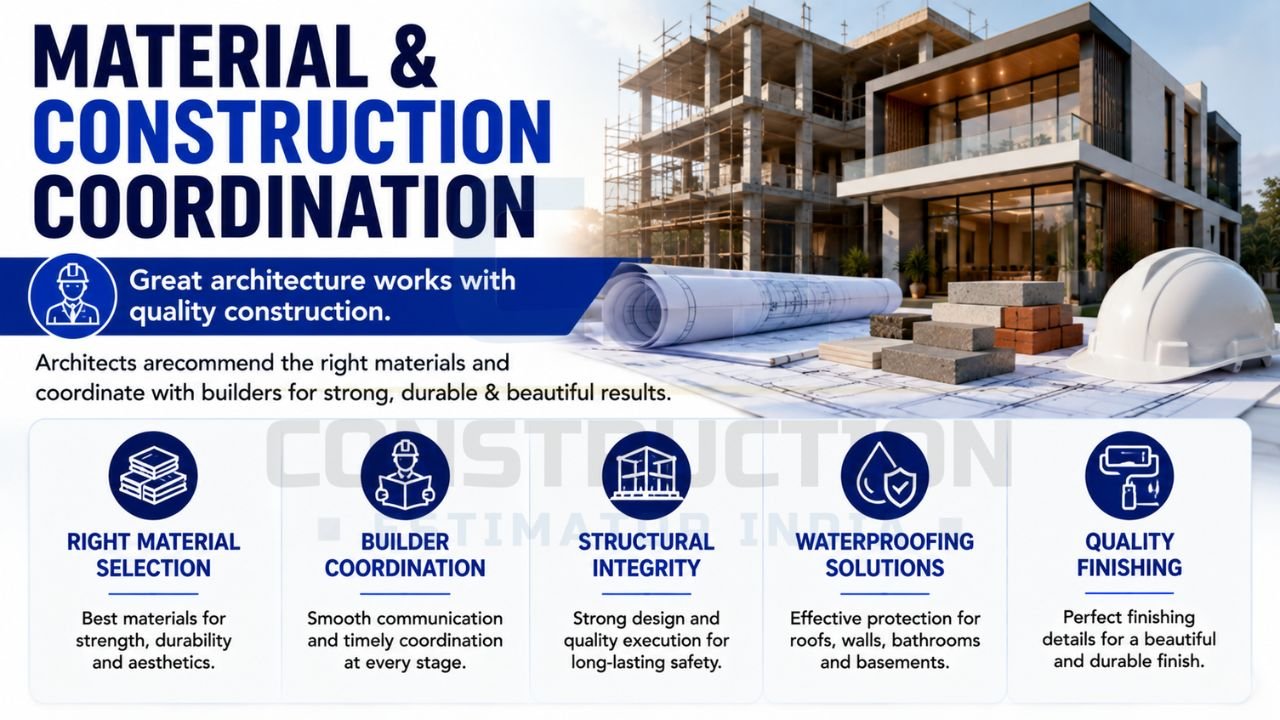 Material and construction coordination process showing material selection, builder collaboration, structural integrity, waterproofing, and quality finishing.
