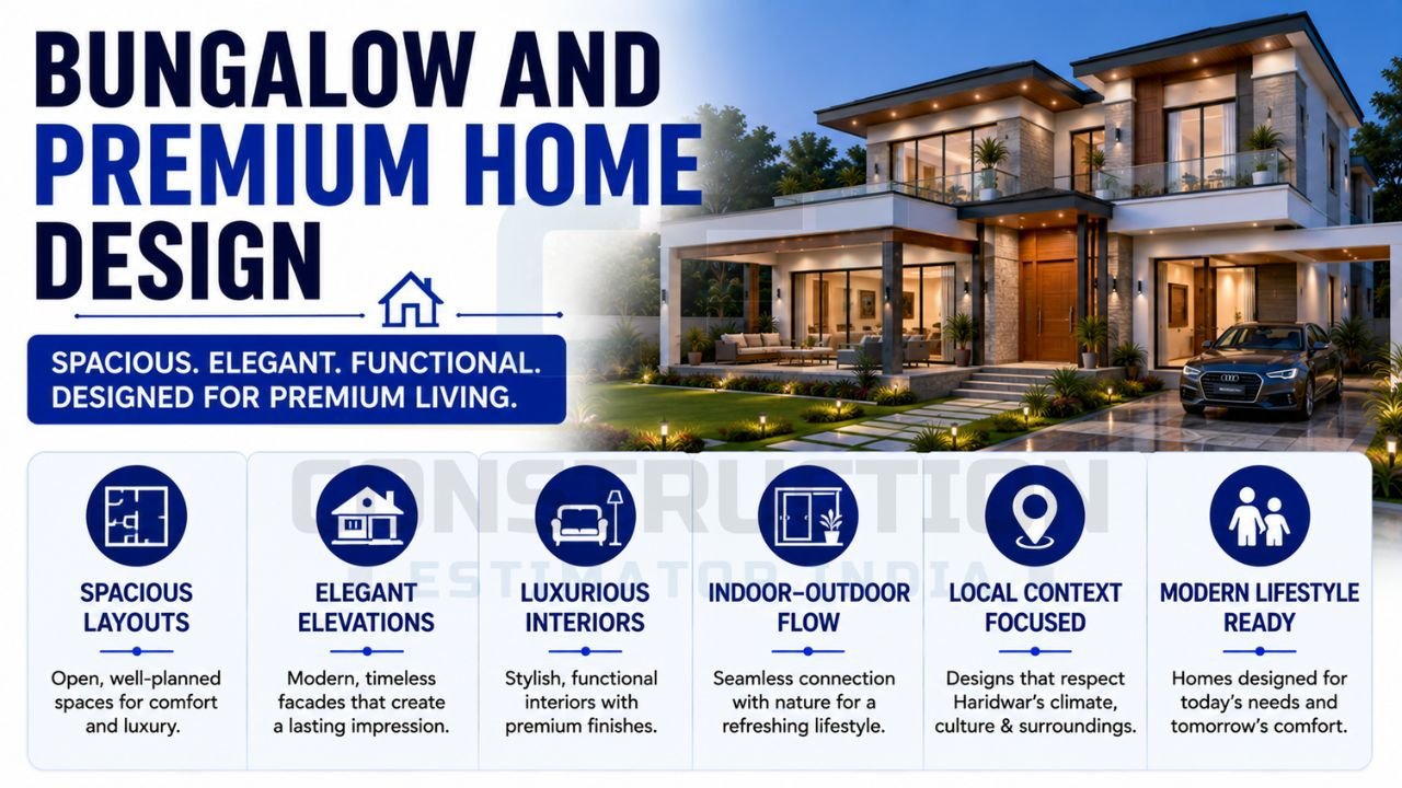 Luxury bungalow and premium home design featuring spacious layouts, elegant elevations, luxury interiors, and modern lifestyle-focused architecture.