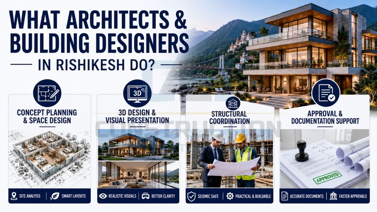 Architect and building designer services infographic featuring concept planning, 3D design, structural coordination, and approval documentation support in Rishikesh.