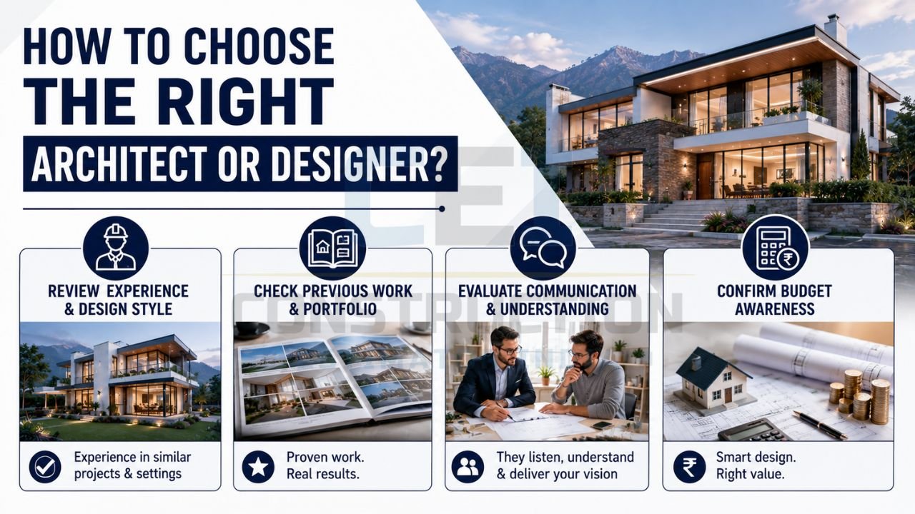 Budget and cost planning infographic showing smart layouts, material selection, cost control, and efficient home construction planning in Rishikesh.