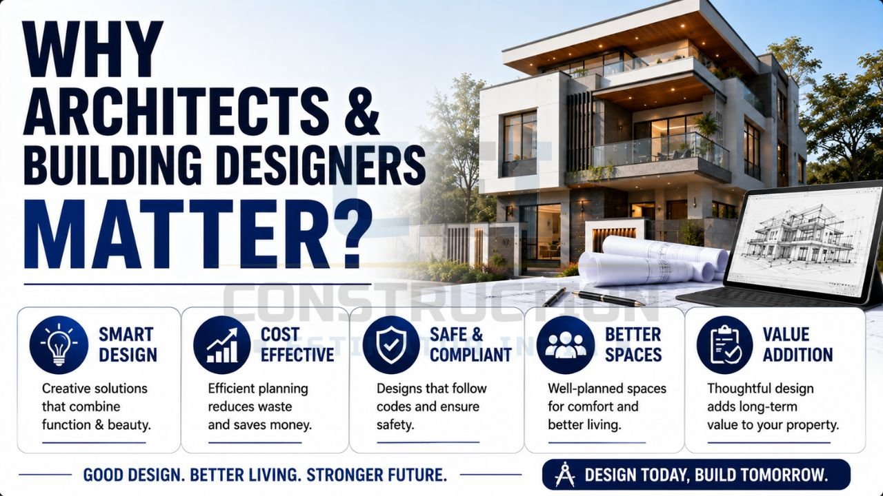 Modern luxury home design with architectural plans and digital building model highlighting the importance of architects and building designers.