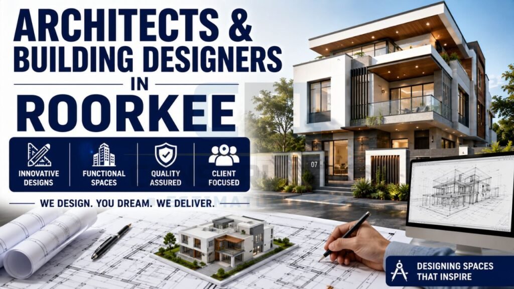 Architectural design services in Roorkee featuring modern residential design, floor plans, and 3D building models.