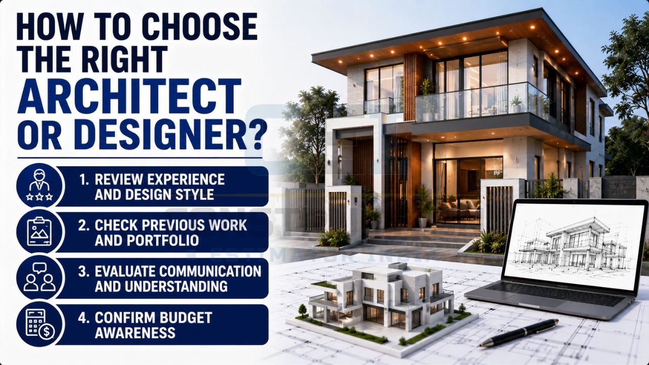 Modern residential house design with architectural plans illustrating key factors for selecting an architect or designer.