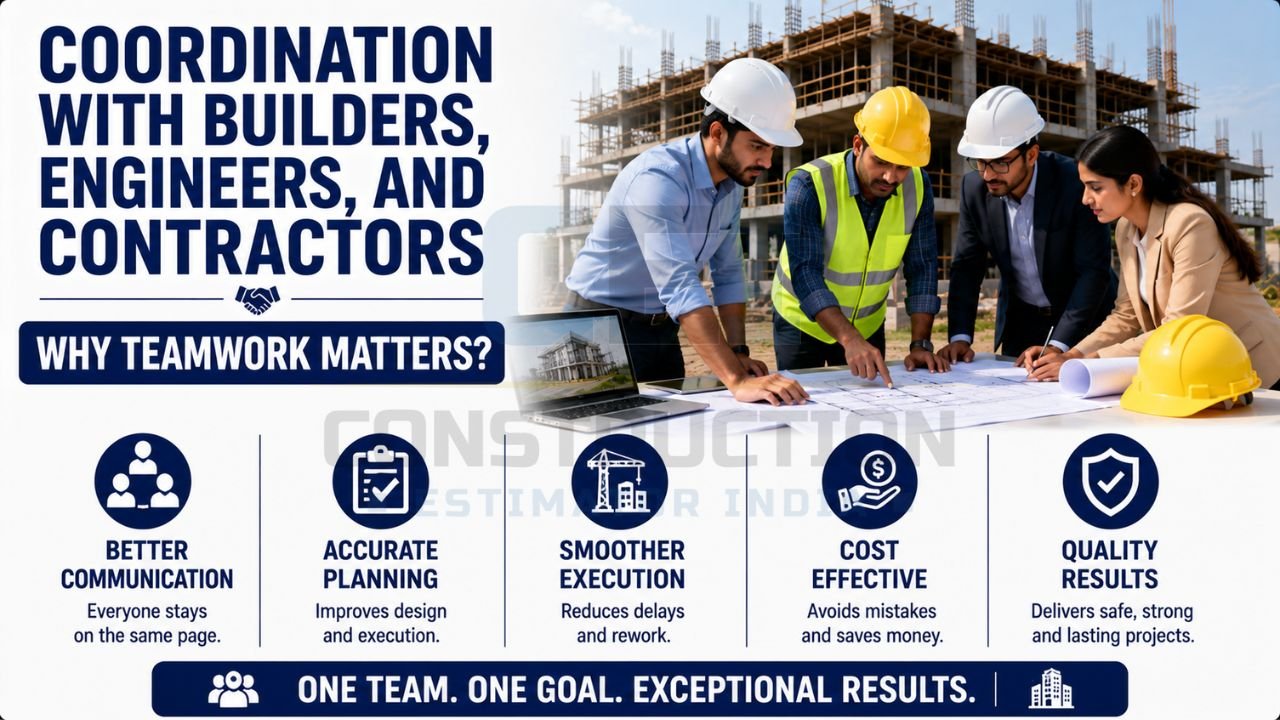Construction team coordinating with builders, engineers, and contractors on project planning and execution at a construction site.