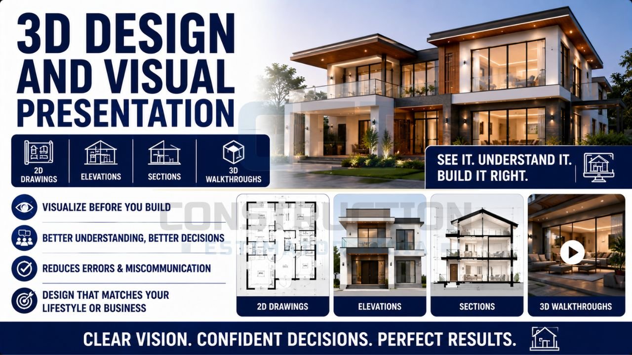 Modern house 3D visualization featuring architectural drawings, elevations, sections, and walkthrough presentations.