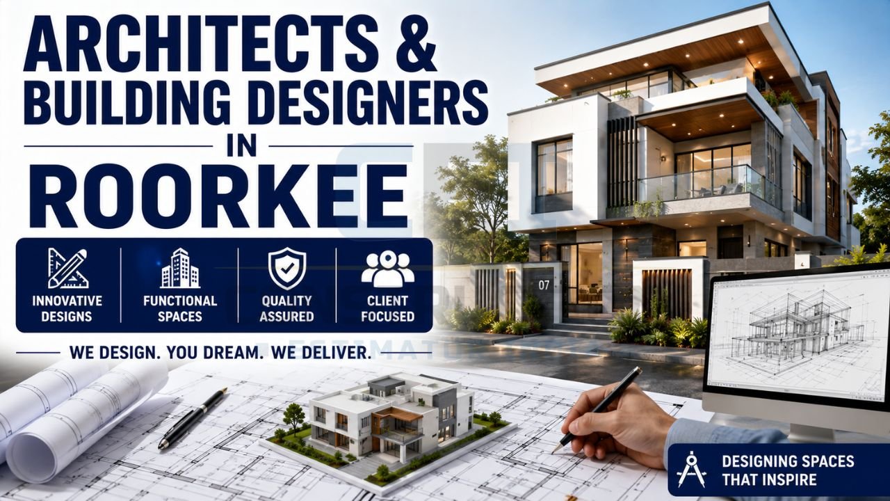 Architectural design services in Roorkee featuring modern residential design, floor plans, and 3D building models.