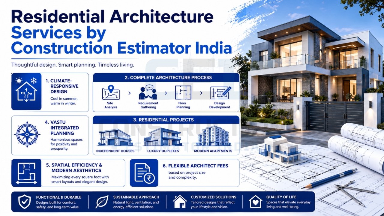 Residential architecture services infographic highlighting climate-responsive design, architecture planning, Vastu integration, residential projects, spatial efficiency, and architect fee flexibility.