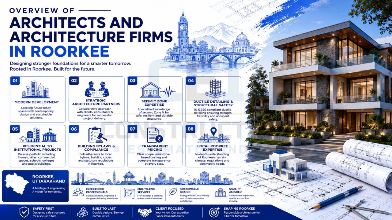 Architects and architecture firms in Roorkee infographic highlighting seismic design, structural safety, compliance, local expertise, transparent pricing, and sustainable architecture.