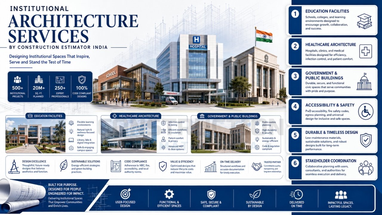 Institutional architecture services infographic highlighting education, healthcare, government buildings, accessibility, sustainability, compliance, and stakeholder coordination.