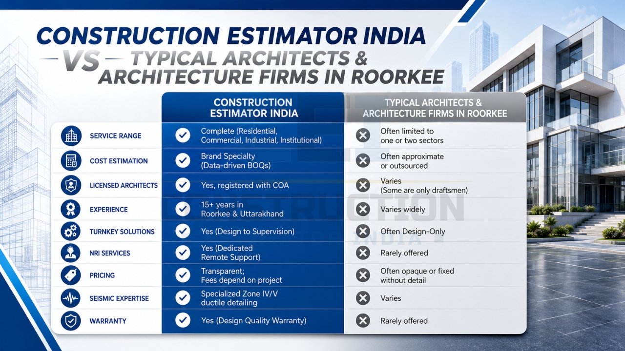 Construction Estimator India vs Roorkee architects comparison infographic.