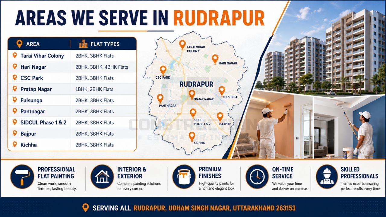 Flat painting services available across Rudrapur including Tarai Vihar Colony, Hari Nagar, CSC Park, Pantnagar, SIDCUL Phase 1 & 2, Bajpur, and Kichha