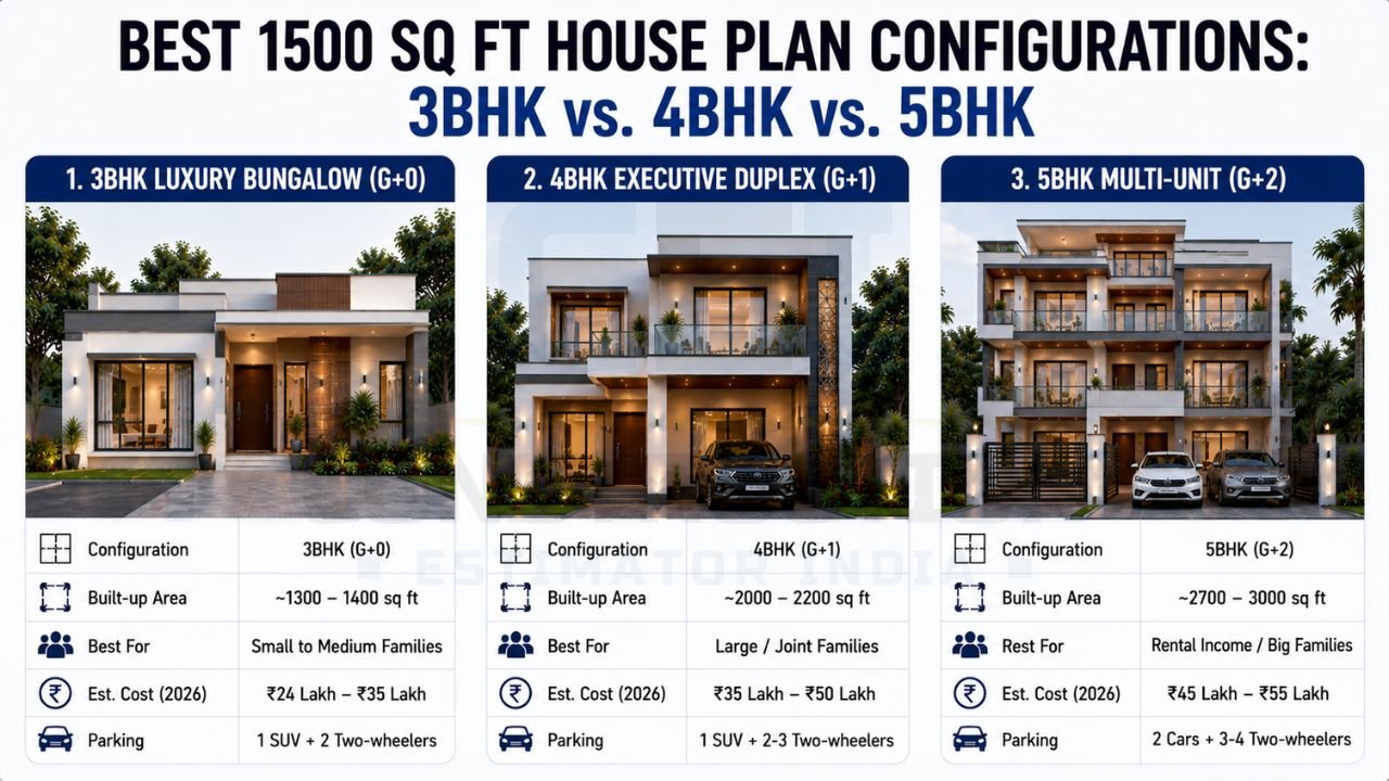 Infographic comparing 3BHK bungalow, 4BHK duplex, and 5BHK multi-unit house plans for a 1500 sq ft plot with built-up area, parking, cost, and ideal family size.