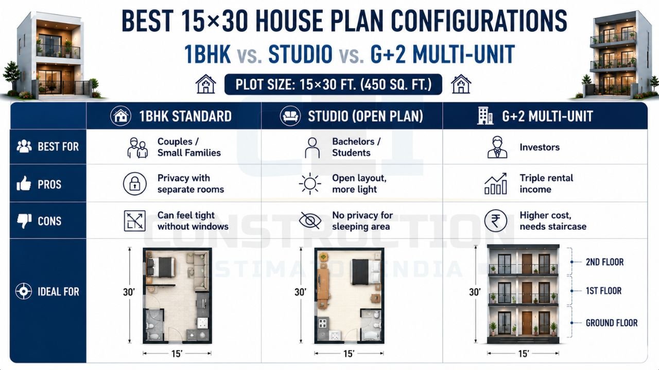 Comparison infographic of 15×30 house plan options including 1BHK, studio apartment, and G+2 multi-unit investment layouts.